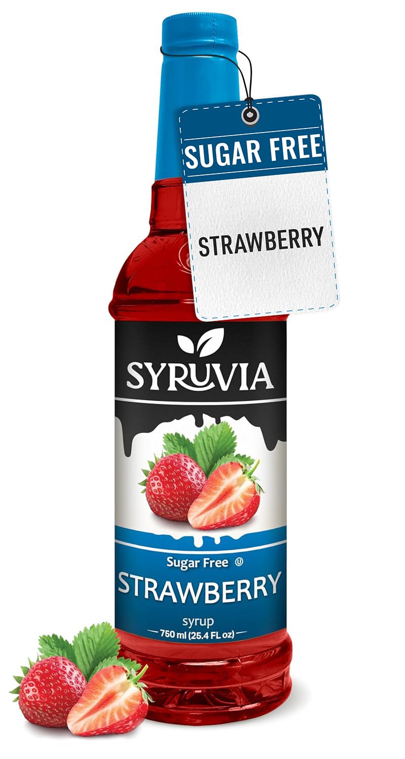 Syruvia sugar-free strawberry syrup bottle showing vibrant berry flavor for drinks and desserts