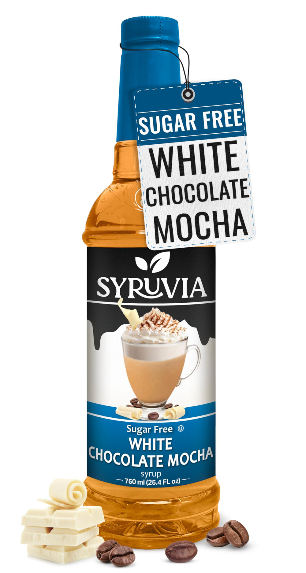Syruvia Sugar Free White Chocolate Mocha Syrup bottle showing rich color and label.
