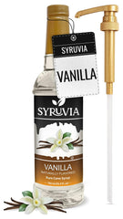 Syruvia Vanilla Syrup bottle with pump, ideal for lattes and desserts.
