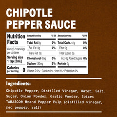 TABASCO Chipotle sauce bulk jug label closeup highlighting ingredients and quality.