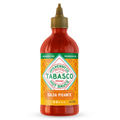 TABASCO Salsa Picante bottle closeup showing thick, rich color for tacos