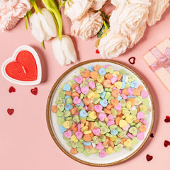 Taboom conversation hearts used as snack toppers for desserts and treats.