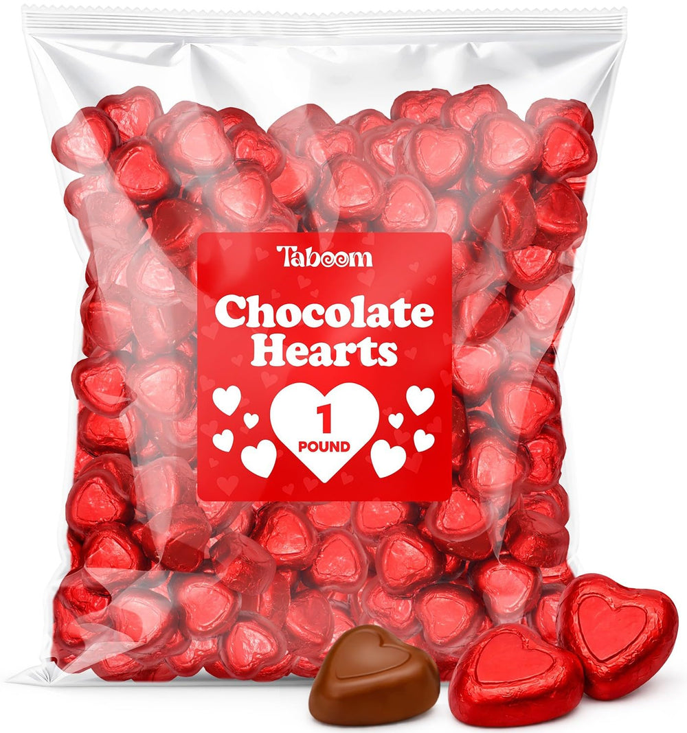 Taboom milk chocolate hearts in red foil, ideal for 1lb bulk party gifts.