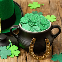 Taboom green foil-wrapped coins for festive St. Patrick's Day table decor.