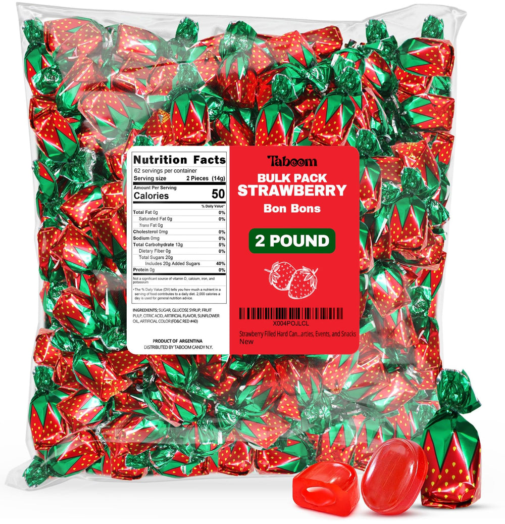 Taboom strawberry filled hard candy bon bons with a juicy center for festive sharing.