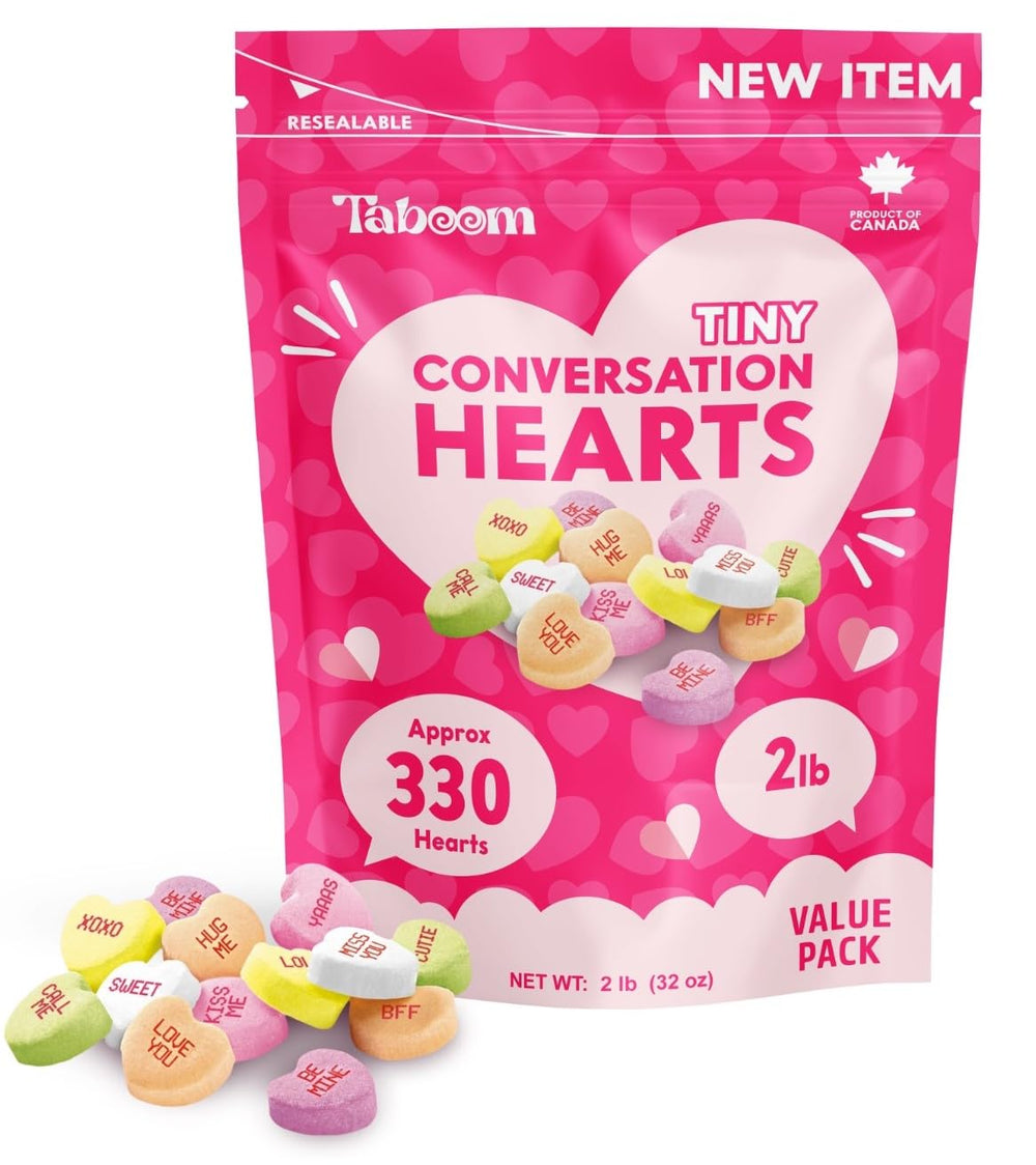 Taboom Tiny Conversation Hearts bulk bag close-up, vivid colors ideal for party buffets.