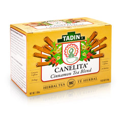 Tadin Canelita Cinnamon Blend Herbal Tea bags arranged for a cozy tea moment.