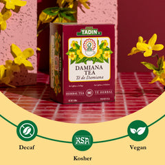 Tadin Damiana Tea brew cup, steeping relaxing herbal infusion with floral notes.