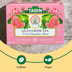 Tadin Guava Rose Tea ingredients close-up emphasizes fragrant blend and quality sourcing.