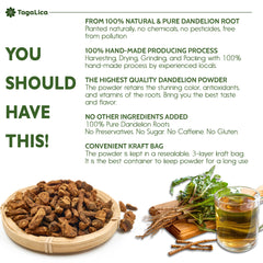 Tagalica dandelion root powder close-up shows natural texture.