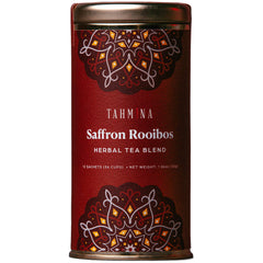 Tahmina saffron rooibos tea canister with eco-friendly packaging for sustainable sipping.