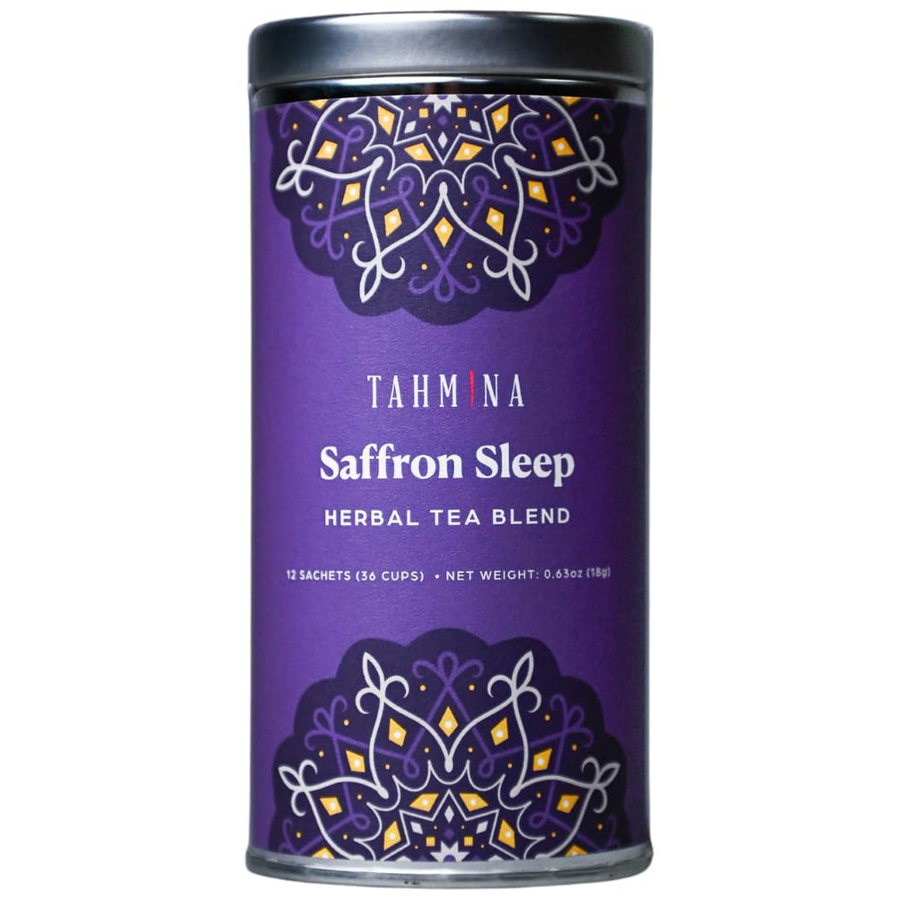 Tahmina Saffron Sleep Tea tin packaging showing a sustainable canister.