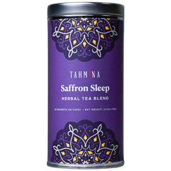 Tahmina Saffron Sleep Tea tin packaging showing a sustainable canister.