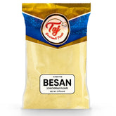 TAJ Besan flour 2lb packaging highlights premium quality for versatile cooking.