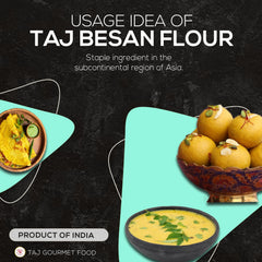 TAJ Besan flour being poured into a bowl for quick batters.