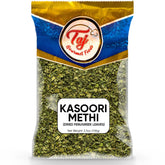 TAJ Kasoori Methi dried leaves in jar, perfect for curries and chutneys.