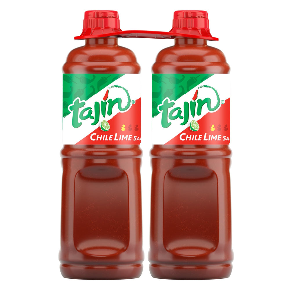 Tajín Mild Hot Sauce two-bottle pack display, great for family gatherings.