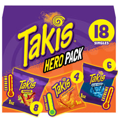 Takis Fuego bags showcase bold rolled tortilla chips for party snacking.