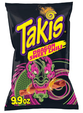 Takis front packaging showing Dragon Sweet Chili bag and bold branding for eye-catching snack choice