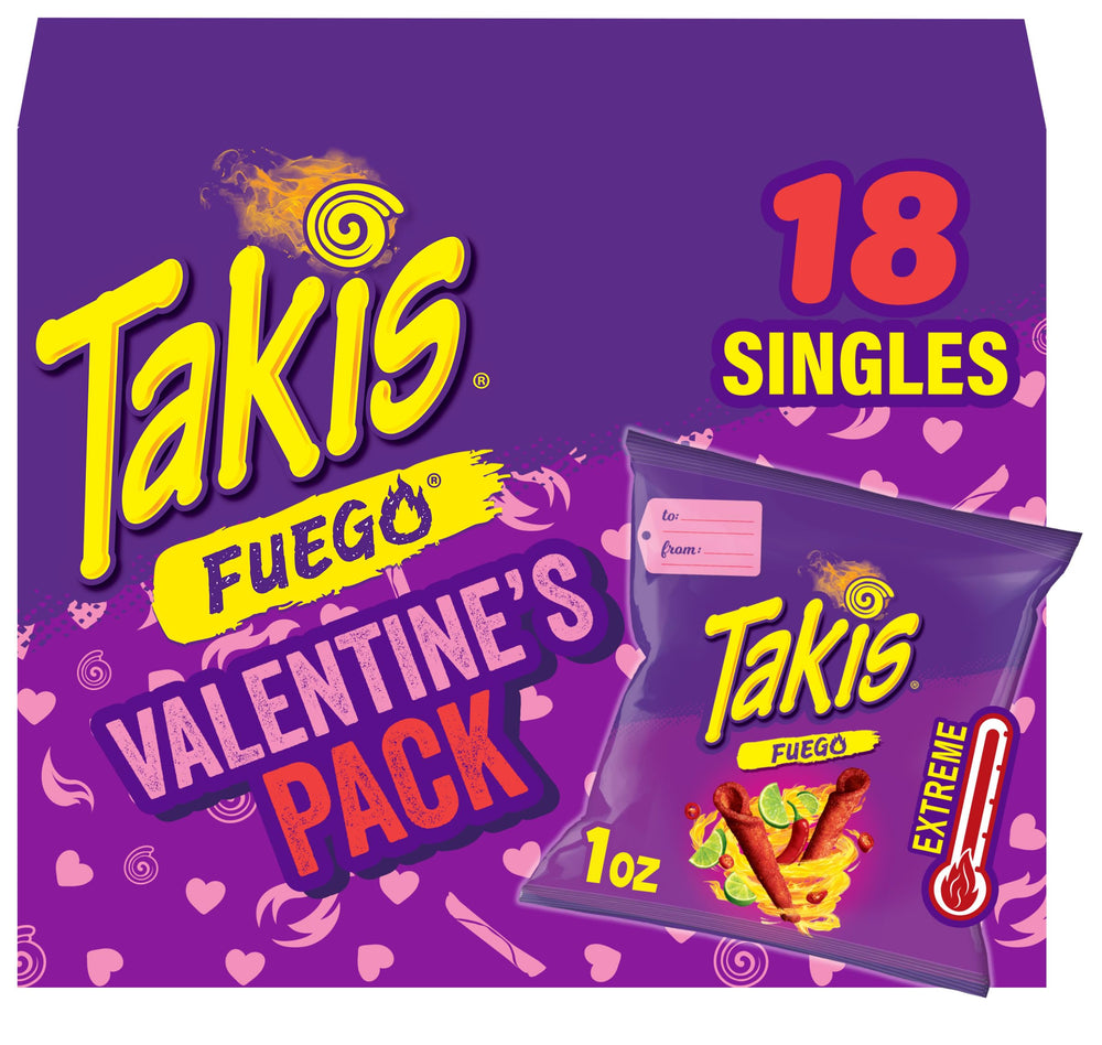 Takis Fuego Valentine's 18pc multipack image showing bold, shareable spicy snacks for gifting.