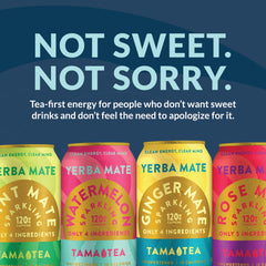 Tama Tea Unsweetened Yerba Mate Sparkling can shows zero added sugar.