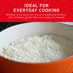 Tamaki Haiga shortgrain rice being poured into a pot, showcasing versatile kitchen use.