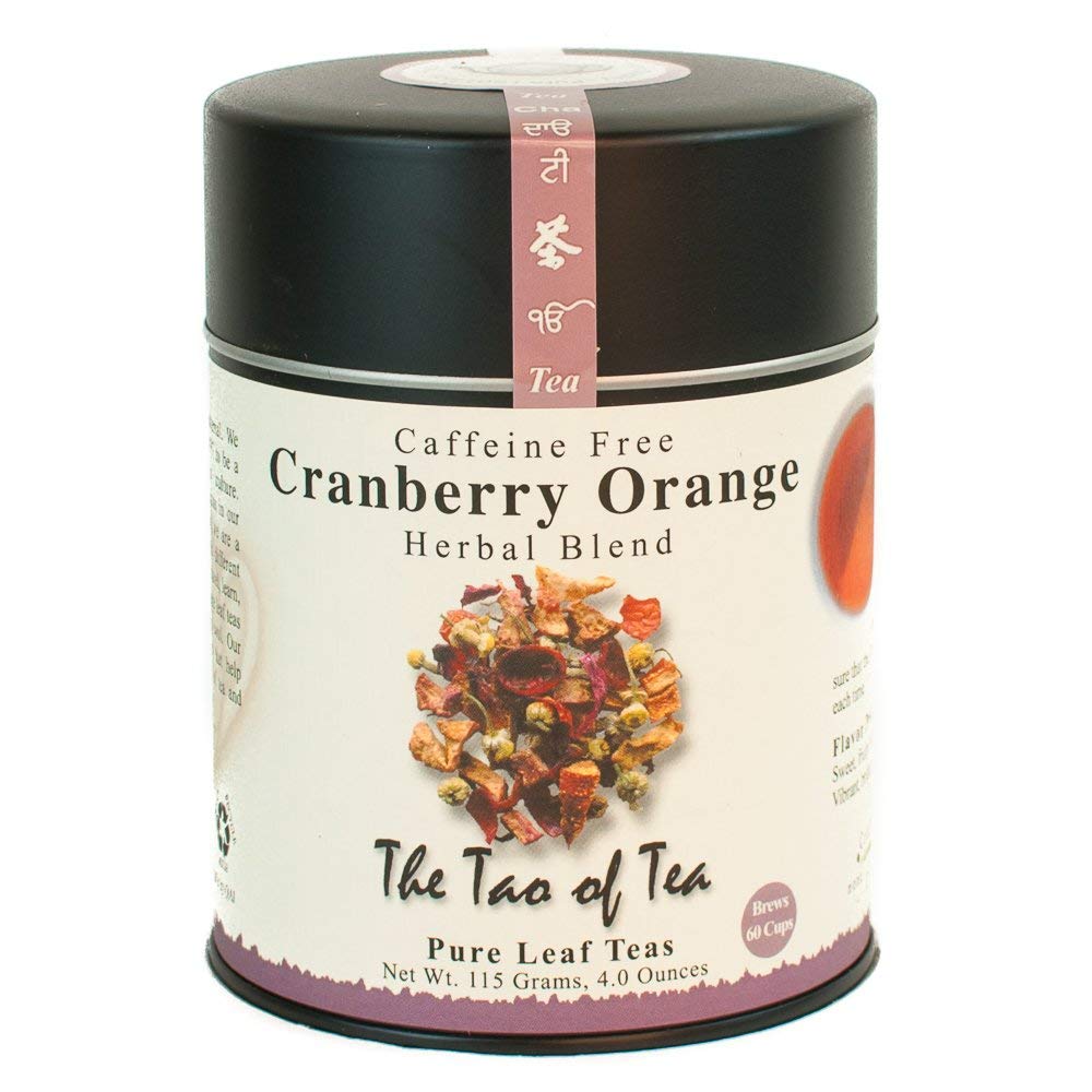 The Tao of Tea Cranberry Orange herbal tea tin, ready for a fragrant caffeine-free blend.