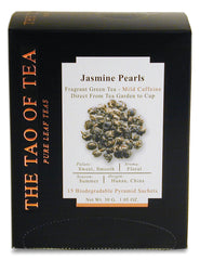 The Tao of Tea Jasmine Pearls box with pyramid sachets for fragrant infusion.
