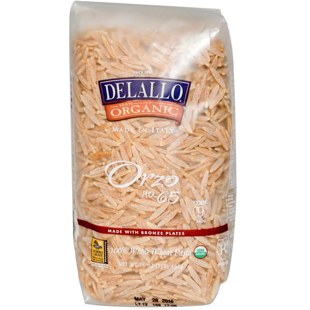 TAOindustry DeLallo Orzo 65 packaging highlighting organic whole wheat pasta for quick meals.