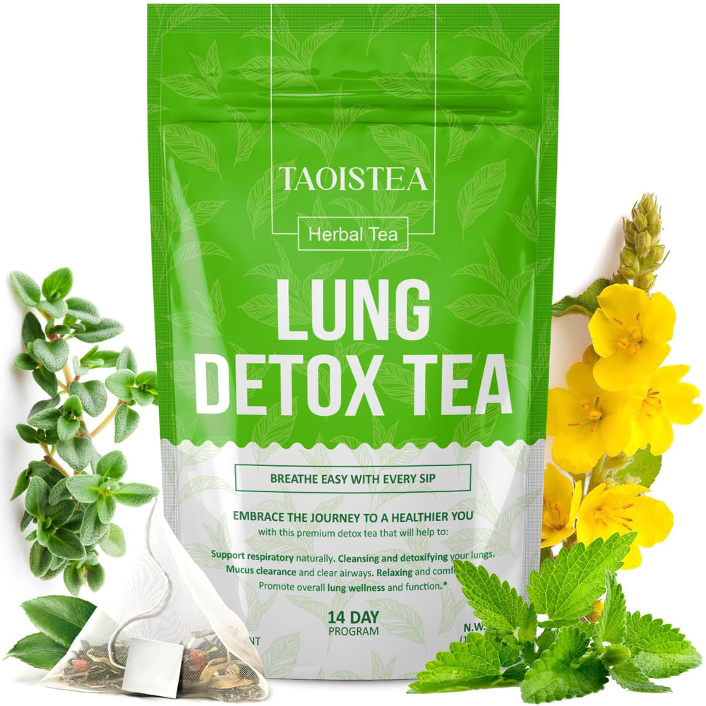 TAOISTEA Lung Detox Tea packaging showing 14 bags for daily use