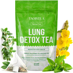TAOISTEA Lung Detox Tea packaging showing 14 bags for daily use