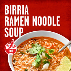 Noodles close-up highlights chewy texture and authentic Tapatío Birria-inspired flavor.