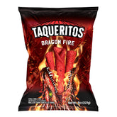 Taqueritos Dragon Fire bag front ready for bold snacking.