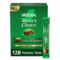 Taster's Choice Decaf House Blend packet closeup for quick preparation and consistent flavor