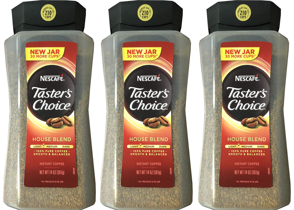Taster's Choice Original Gourmet Instant Coffee 14oz 3-pack packaging for quick morning boost.