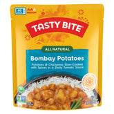 Tasty Bite Bombay Potatoes packaging, ready to heat for a quick vegan lunch.