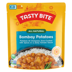 Tasty Bite Bombay Potatoes packaging, ready to heat for a quick vegan lunch.