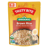 Tasty Bite Organic Brown Rice pouch steaming after microwaving for a quick side
