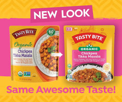 Tasty Bite Organic Chickpea Tikka Masala ingredients close-up shows vibrant tomatoes and spices.
