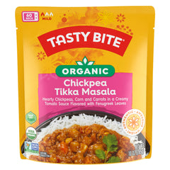 Tasty Bite Organic Chickpea Tikka Masala packaging focuses on premium ingredients for quick weeknight meals.