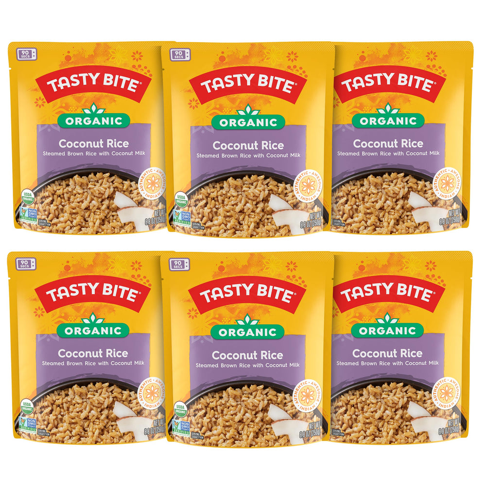 TASTY BITE Organic Coconut Rice pack of six, microwavable convenience for quick meals.