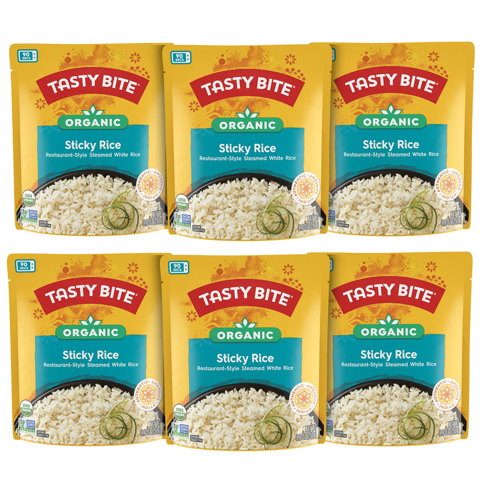 Tasty Bite Organic Sticky Rice six-pack packaging for quick meal prep and easy serving.