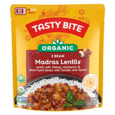 TASTY BITE Organic Three Bean Madras Lentils can front, ideal for quick weeknight meals.