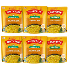 Tasty Bite Organic Turmeric Rice pack front, six-pack, ready-to-heat convenience for meals.