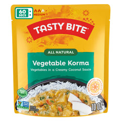 Tasty Bite Vegetable Korma with coconut sauce; flavorful veggie medley in seconds.