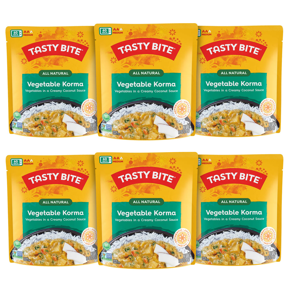 Tasty Bite Vegetable Korma pack; six microwavable entrées for quick meals.