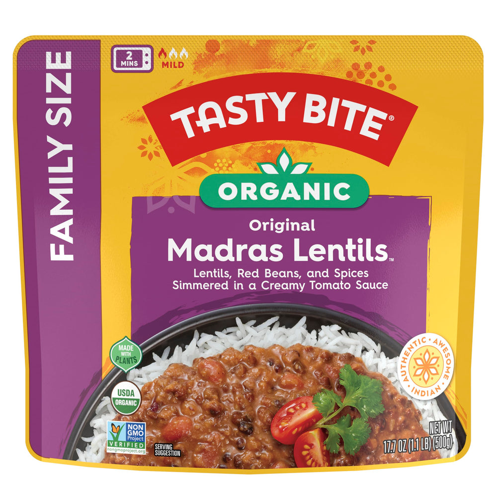 TASTYBITE Madras Lentils family-size package shows premium ingredients for easy weeknight meals