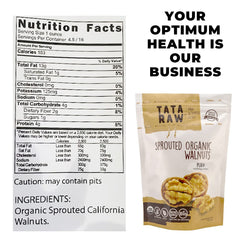 TATA RAW Sprouted Walnuts bag back view with nutrition and packaging details