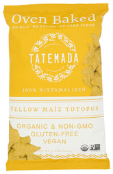 Tatemada Organic Yellow Maize Totopos front pack highlights simple, natural ingredients for a wholesome snack.