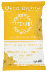 Tatemada Organic Yellow Maize Totopos front pack highlights simple, natural ingredients for a wholesome snack.